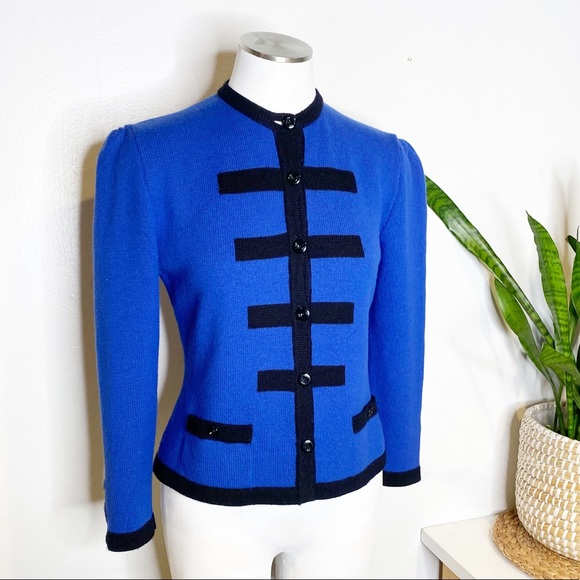 Vintage | Saks 5th Avenue 80s Cobalt Blue Cardigan Sweater Sgt. Pepper's Stripes - Picture 4 of 9